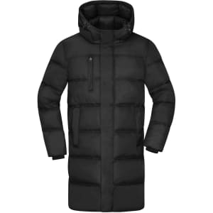 A men's winter long coat in black, featuring a puffer design and a hood, with a zippered pocket.