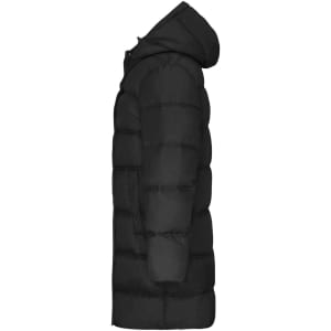 A men's winter long coat in black, featuring a puffer design and a hood, viewed from the side.