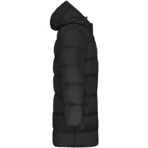 A black men's winter long coat with a puffer design and a hood, featuring a side view.