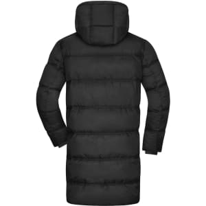A black puffer jacket with a long design and a hood, featuring horizontal stitching and a logo.