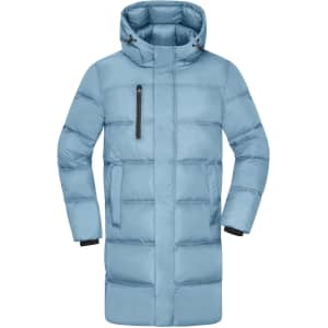 A light blue men's long puffer coat with a hood and multiple pockets, featuring a zipper and elastic cuffs.