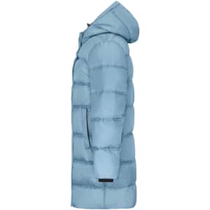 A light blue puffer jacket with a hood, featuring a side zipper pocket and quilted texture.