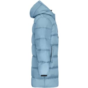 A men's long puffer jacket in a light blue colour with a hood and side zippers. Features a logo on the chest.