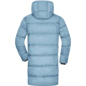 A light blue men's winter long puffer coat featuring a hood and a sleek, padded design. It has a logo on the back.