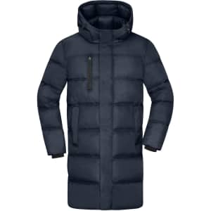 A dark navy puffer jacket featuring a hood and a zippered chest pocket. It has a sleek, insulated design.