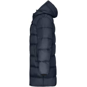 A men's winter long coat in navy blue, featuring a puffer design and hood. The coat has a logo on it.