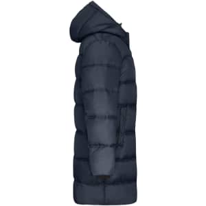 A long navy puffer jacket with a hood, featuring a vertical seam design and a side pocket.