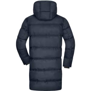 A navy men's winter long coat with a hood and puffer design, featuring a quilted pattern and no visible branding.