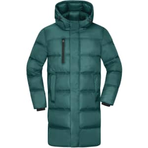A teal men's long puffer coat with a hood, featuring a zippered pocket and a padded design.
