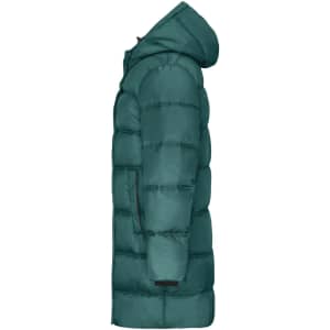 A men's winter long coat in a deep green colour, featuring a hood and a puffer design. Includes a logo on the garment.