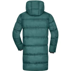 A men's winter long coat in a deep teal colour with a puffer design and a hood. Features a logo on the back.