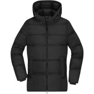 A black puffer jacket with a zip front and hood, featuring horizontal quilted panels and a logo.