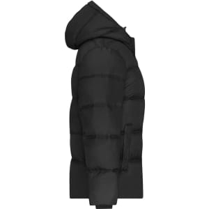 A black puffer jacket with a hood, featuring a side view showing its quilted design and a zippered pocket.