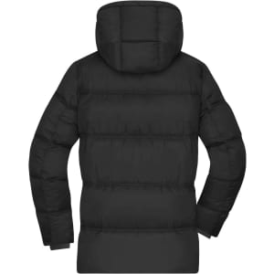 A black puffer jacket with a hood, featuring a quilted design and long sleeves. It has a logo on the back.