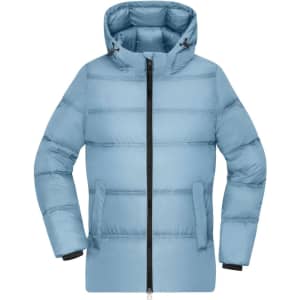 A light blue puffer jacket featuring a hood and a front zipper, with black detailing and a logo.
