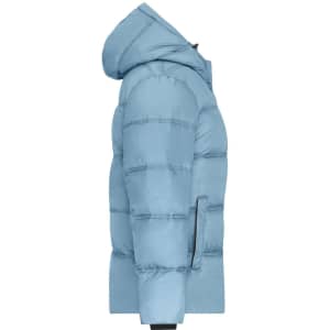 A light blue puffer jacket with a hood, featuring a zip and stitched pattern. It has one side pocket and branding.