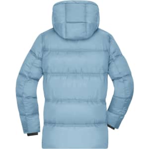 A light blue puffer jacket featuring a hood and quilted design, with a logo visible on the back.