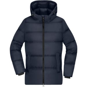 A navy puffer jacket with a hood and zip closure, featuring a branded logo on the side.