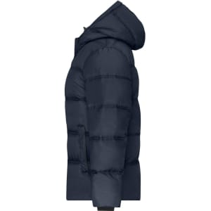 A navy blue puffer jacket for women, featuring a hood and a side view showcasing its quilted design.
