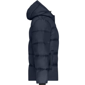 A navy puffer jacket for ladies, featuring a hood and a zippered pocket. The design is puffy and insulated.