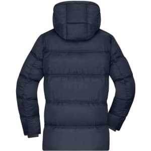 A puffer jacket in navy blue with a hood, featuring a quilted design and long sleeves.