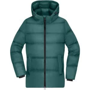 A teal ladies puffer jacket with a hood, featuring a front zipper and a sleek design. It has a logo on it.