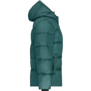 A puffer jacket in a teal colour, featuring a hood and a quilted design. It has a logo on the side.