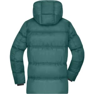 A puffer jacket in a deep teal colour, featuring a hood and a quilted design, with a branded logo.