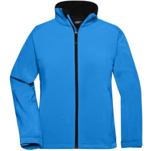 A blue ladies softshell jacket featuring a black zip and collar, designed for comfort and style.