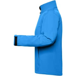 A blue ladies' softshell jacket with a high collar and zippered pockets, featuring a logo.