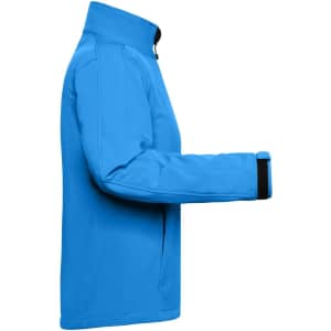 A softshell jacket in bright blue with a zippered pocket and a black cuff detail. It features a branded logo.