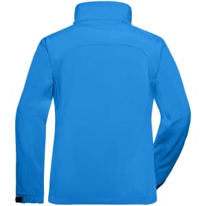 A blue ladies softshell jacket featuring a high collar and long sleeves, with a logo on the back.
