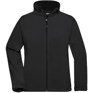 A black ladies' softshell jacket with a zip front and a high collar, featuring a logo on the chest.