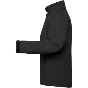 A black ladies softshell jacket displayed from the side, featuring a collar and a logo on the sleeve.