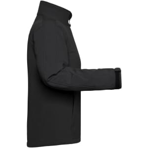 A black ladies softshell jacket with long sleeves and a high collar, featuring a logo.
