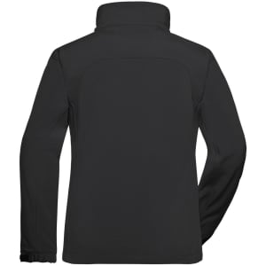 A black ladies softshell jacket featuring a high collar and a smooth finish, with a logo on the back.