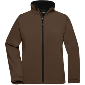 A ladies softshell jacket in brown with a black inner lining and a zip front, featuring a logo on the chest.