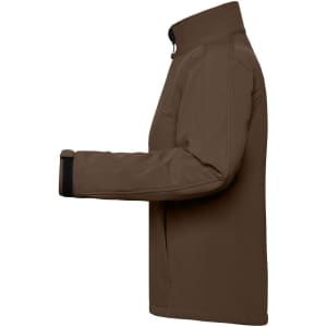 A softshell jacket in brown, featuring a high collar and zippered pockets, with a logo on the sleeve.