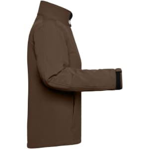 A brown ladies softshell jacket with a high collar and zippered pockets, featuring a logo.