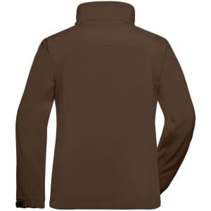 A ladies softshell jacket in brown, featuring a high collar and long sleeves, with a logo on the back.