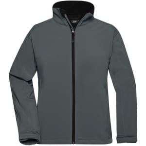 A ladies' softshell jacket in grey with a zip front and a hood. The jacket features a logo.