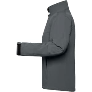A grey ladies softshell jacket with a high collar and concealed pockets, featuring a logo on the front.