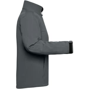 A grey ladies softshell jacket with a high collar and adjustable cuffs, featuring a logo on the sleeve.