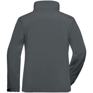 A grey ladies softshell jacket featuring a high collar and long sleeves. The back view reveals a sleek, minimalist design.