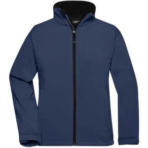 A navy ladies softshell jacket with a zip front and black interior, featuring a logo on the chest.