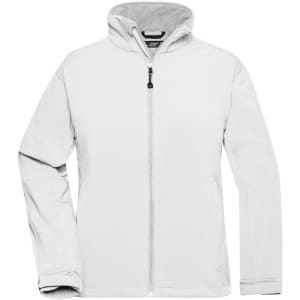 A white softshell jacket with a full zip and hood, featuring long sleeves and a logo on the chest.