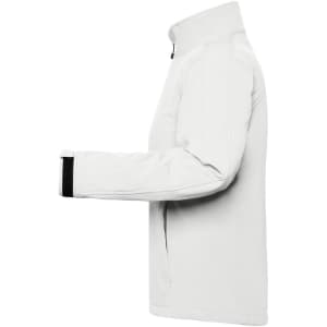 A white ladies softshell jacket with a zip closure and a logo on the chest.
