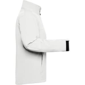 A white ladies softshell jacket with a zippered front and adjustable cuffs. It features a side view and has a logo.