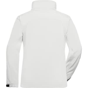 A white softshell jacket with a high collar and long sleeves, featuring a logo on the back.
