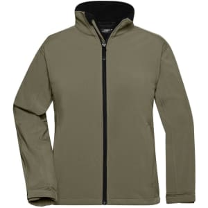 A ladies' softshell jacket in olive green with a zip front and a black fleece lining. Features a logo on the chest.